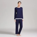 Pyjama de maternité en modal bleu foncé avec manches longues et détails contrastés blancs - L / Bleu foncé