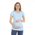Slim fit light blue V-neck maternity T-shirt with side ruching for pregnancy comfort - S / Light Blue