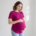 Short sleeve maternity t-shirt in bright magenta cotton with curved hem for comfort - Rose Red