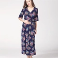 Floral maternity wrap dress in navy blue with V-neck and adjustable waist belt - S / Dark Blue