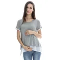 Camiseta de maternidad gris de modal con manga corta y dobladillo de gasa blanca - L / Gris