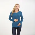 Pauwblauwe borstvoedings t-shirt met ronde hals en lange mouwen voor moeders - S / Blauw