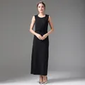 Schwarzes ärmelloses Still-Maxikleid mit Kordelzug an der Taille und Rundhalsausschnitt - XS / Schwarz