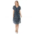 Detailed close-up of navy floral chiffon maternity dress with V-neck and tie waist design - S / Dark Blue