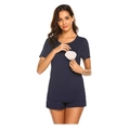 Short sleeve modal nursing pajamas set in deep blue with adjustable waist shorts - S / Dark Blue
