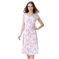 Détail de l'imprimé floral rouge et de la taille froncée sur une robe de maternité en coton - Blanc Fleurs Roses