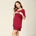 Dark red maternity loungewear set with short sleeves and nursing access in modal - S / Burgundy
