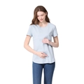 Short sleeve maternity top in light blue cotton with zipper nursing access and crew neck - S / Azure Blue
