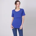 Royal blue cotton maternity and nursing T-shirt with hidden horizontal breastfeeding access - S / Blue