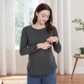 Close-up of functional breastfeeding layer on soft dark grey cotton maternity top - S / Gray