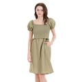 Olive green puff sleeve maternity dress with ruched bodice and side pockets - S / Olive Green