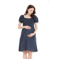 Short sleeve navy blue maternity dress with square neck and smocked bodice details - S / Navy Blue