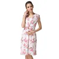 White floral maternity dress with pink rose pattern and waist knot design - M / White Base Red Peony