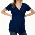 Camiseta premamá de manga corta azul marino con cuello en V y pliegues en la cintura - S / Azul oscuro