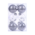 Dettaglio del set da 6 palline di Natale argento con glitter e fili in scatola PET - 6cm / Argento