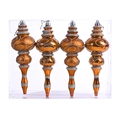 Detail of four copper-colored streamline Christmas ornaments with silver glitter swirls - Bronze