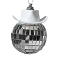 Disco ball hanging ornament featuring a miniature white cowboy hat and mirror glass surface - White
