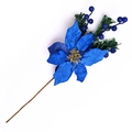 Flor de Navidad azul artificial con pétalos brillantes, agujas de pino y bayas azules - Azul
