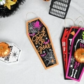 Targhe per porta di Halloween in legno a forma di bara con scritte Trick or Treat - Bordo Arancione