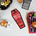 Set di targhe in legno a forma di bara per Halloween con motivi spaventosi - Naturale Con Bordo Nero