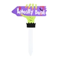 Halloween garden stake decoration featuring purple Literally Dead sign held by zombie hand - Witch Hand-Purple