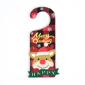 Plaid wooden Christmas sign featuring Merry Christmas text and cute reindeer character - Red - Reindeer With Christmas Hat