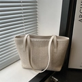 Elegante bolso tote de paja tejida crema con asas de cuero para vacaciones de verano - Blanco