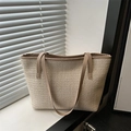 Bolso tote minimalista de paja trenzada beige con adornos y asas de cuero sintético marrón - Caqui