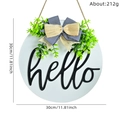 Targa per porta Hello in legno bianco con foglie verdi e fiocco a righe bianco e nero - Hello Targa Bianca (Piastra di Legno 001)