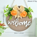 Targa di benvenuto in legno da 30cm con rose arancioni e fiocco in iuta beige chic - Welcome Stile Rosa Noce (Piastra di Legno 003)