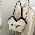 Bolso tote de paja beige con asas de cuero negro y bordado de MOBORN PARIS - Negro