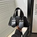 Retro punk black leather handbag with silver eyelets and buckle straps on shoulder straps - Black