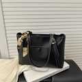 Retro black leather tote bag with white contrast stitching and vintage silk scarf detail - Black