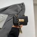 Mini black woven flap crossbody bag with golden chain strap and metallic turn-lock - Black