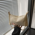 Beige woven shoulder bag with golden chain strap and minimalist zipper closure - Khaki