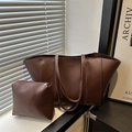 Dark brown minimalist faux leather tote bag set with matching zipper pouch and FASHION imprint - Brown