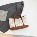 Borsa tote retrò con monogramma e rifiniture in pelle marrone con manici sottili - Bianco