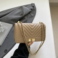 Minimalist beige chevron quilted crossbody bag with golden chain and twist lock - Khaki