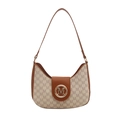 Elegante borsa a mezzaluna beige con monogramma M e finiture in pelle marrone - Bianco