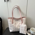Conjunto de bolso tote blanco con lazos rosas y un pequeño bolso con cremallera - Blanco