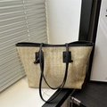 Minimalist beige woven straw tote bag with black leather straps for 2025 summer - Black