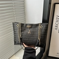 Large capacity black straw woven tote bag with gold chain strap and deer charm - Black