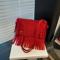 Red suede crossbody bag with vintage layered fringe and adjustable shoulder strap - Red