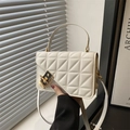 Chic beige quilted square crossbody bag with gold hardware and chain for women - White