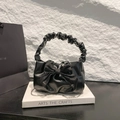 Black pleated handbag with large satin bow and silver chain strap for women - Black