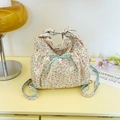 Sac à dos en toile florale avec fleurs roses et nœud décoratif à carreaux bleus - Blanc Cassé