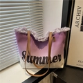 Purple gradient canvas tote bag with Summer print and chic fringe edges for beach style - Purple