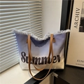 Large gradient purple canvas tote bag with Summer print and brown leather shoulder straps - Light Blue
