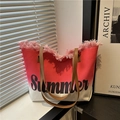 Red and white gradient canvas tote bag with tassel trim and Summer print on window sill - Red