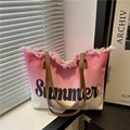 Pink gradient canvas tote bag with fringe edge and Summer text on leather straps - Pink